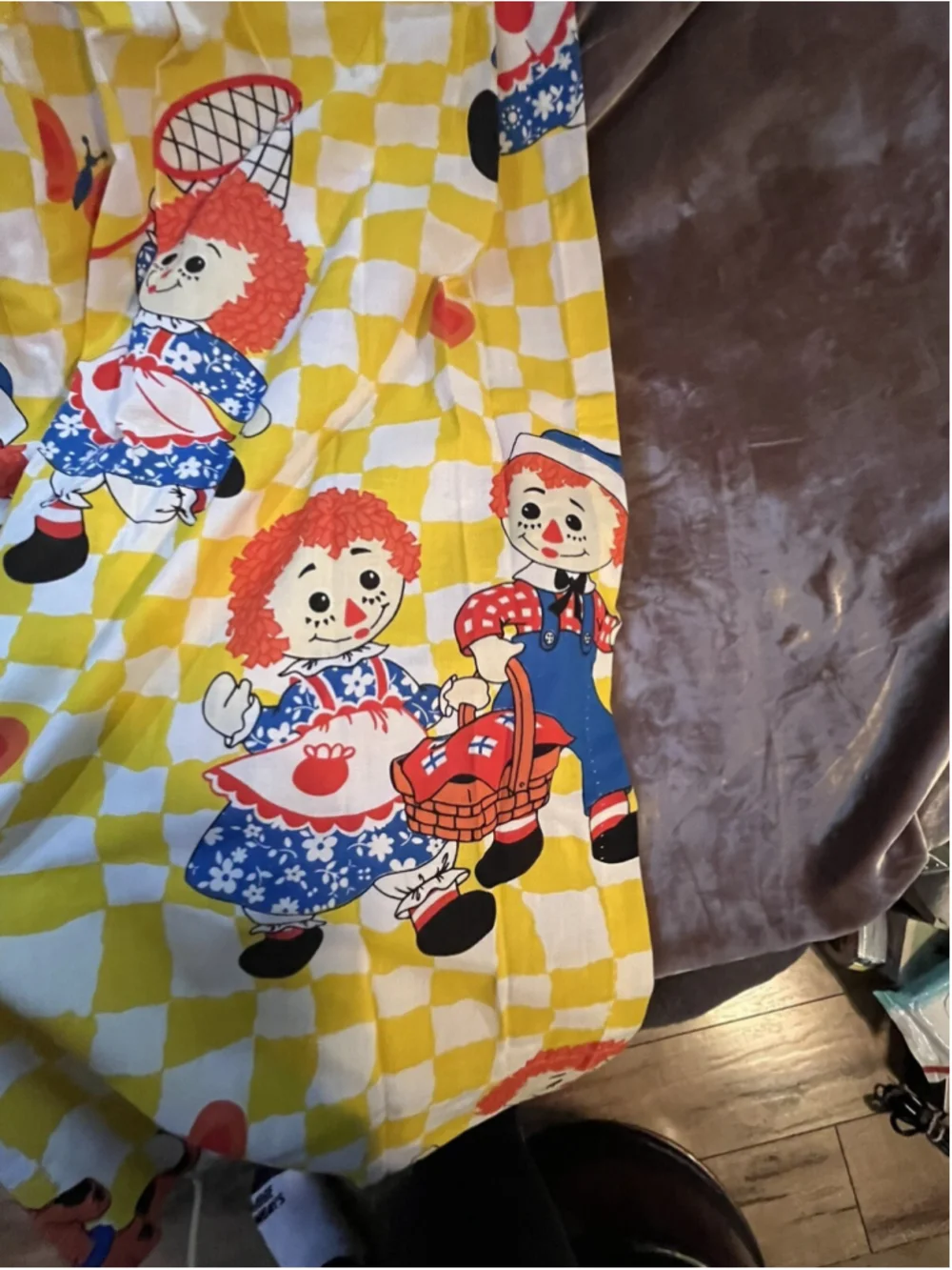 vintage raggedy ann and andy curtain panel pair set yellow checkered SEE PICTURE